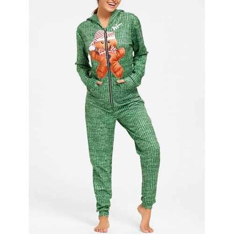 Printed Hooded One Piece Christmas Pajama - Green M