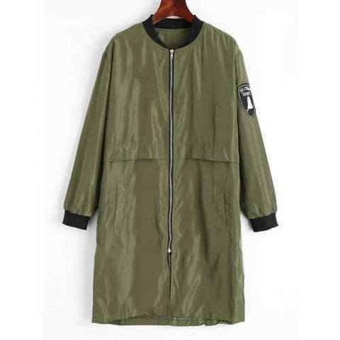 Plus Size Long Zip Up Patches Bomber Coat - Army Green 4xl