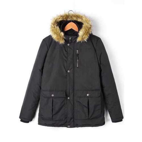 Faux Fur Collar Hooded Pockets Zip Up Coat - Black L
