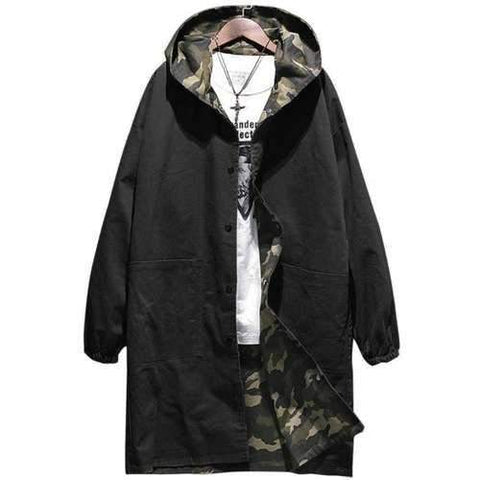Reversible Style Hooded Camouflage Pockets Coat - Black L