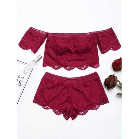 Lace Off Shoulder Sheer Bralette Set - Wine Red M