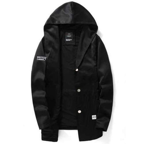 Zipper Pocket Button Up Hooded Jacket - Black Xl