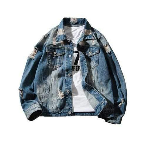 Chest Pocket Denim Jacket with Extreme Rips - Blue 5xl