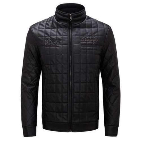 Letter Grid Quilted Faux Leather Jacket - Black 2xl