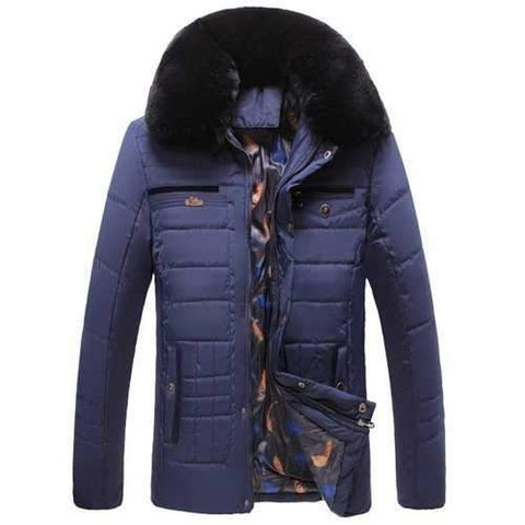 Detachable Faux Fur Collar Zip Up Quilted Coat - Blue 2xl