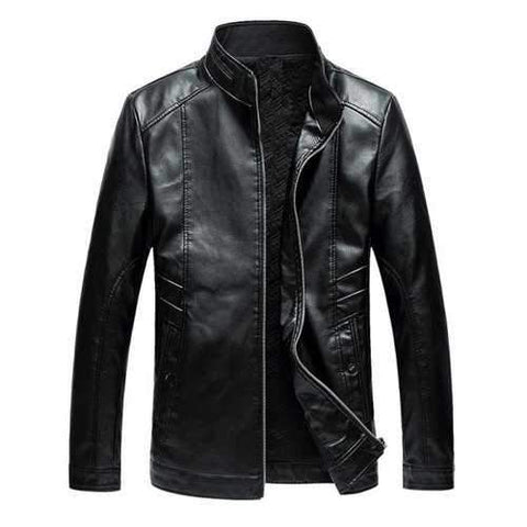 Stand Collar Full Zip Faux Leather Jacket - Black 4xl