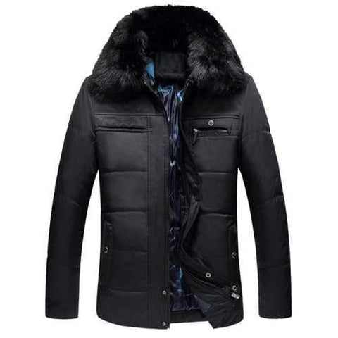 Detachable Faux Fur Collar Full Zip Quilted Coat - Black 2xl
