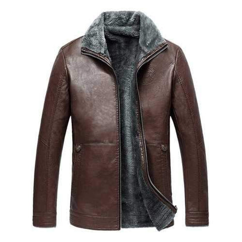 Zip Up Flocking Faux Leather Jacket - Brown 3xl
