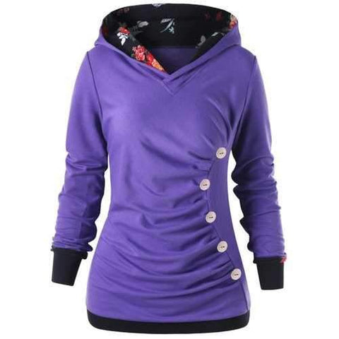 Buttoned Ruched Hoodie - Purple M