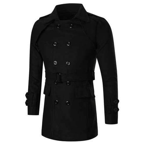 Turn-down Neck Double Breasted Slim Peacoat - Black 3xl