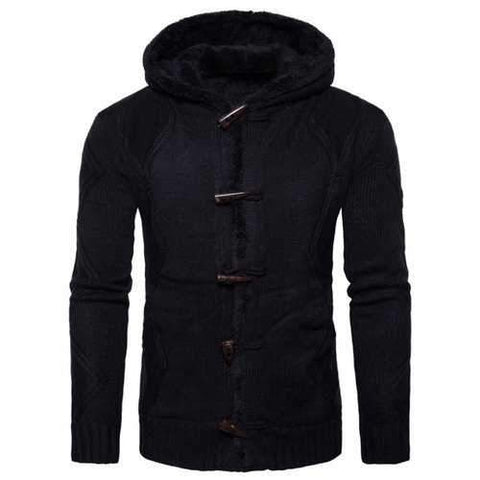 Hooded Horn Button Fleece Knitted Jacket - Black L