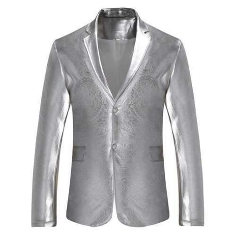 Lapel Single Breasted Metallic Color Blazer - Silver Xl