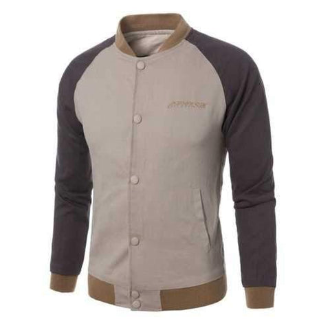 Stand Collar Raglan Sleeve Color Block Embroidered Jacket - Khaki 4xl