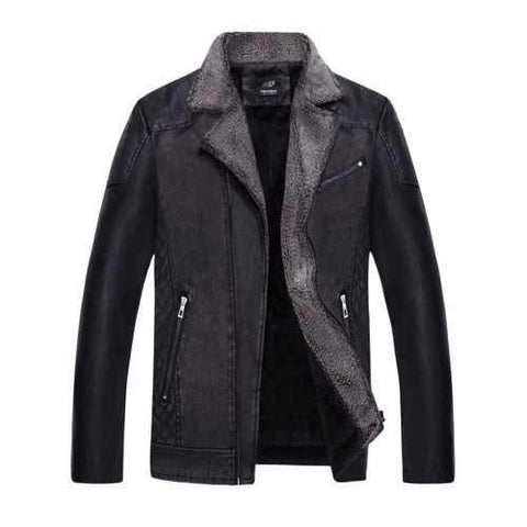 Turndown Collar Pleat Zip Up Fleece PU Leather Jacket - Black Xl