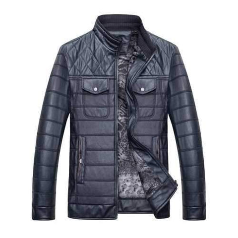 Emboss Pockets Fleece PU Leather Zip Up Jacket - Blue Xl