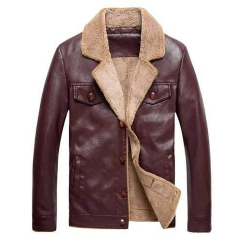 Fleece Single Breasted PU Leather Jacket - Wine Red L