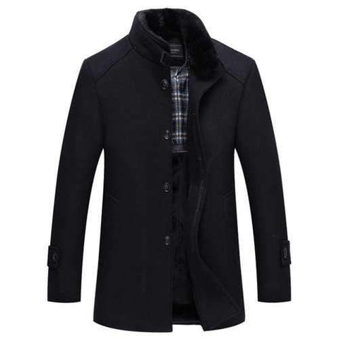 Detachable Faux Fur Collar Wool Blend Coat - Black L