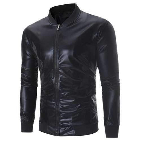 Zipper Up Metallic Color Lame Jacket - Black L