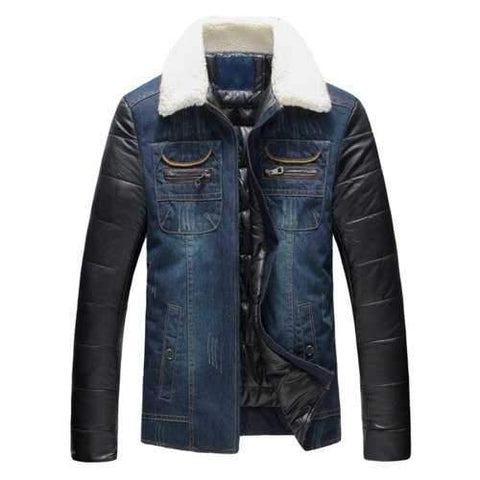 Faux Fur Collar PU Leather Panel Padded Denim Jacket - Blue 3xl