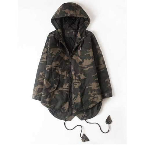 Drawstring High Low Hem Camo Hooded Jacket - Camouflage Xl