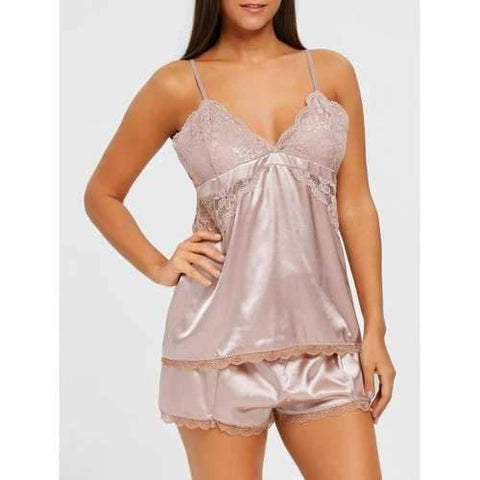 Lace Insert Backless Slip PJ Set - Pearl Champagne Pink S