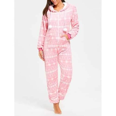 Fleece Hooded Zip Jumpsuit Sleepwear - Pink L