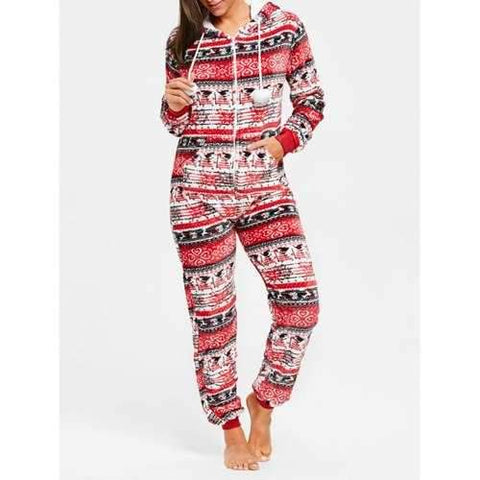 Hooded Zip Christmas Jumpsuit Sleepwear - Red S