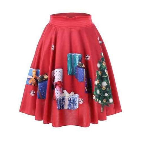 Christmas Plus Size Tree and Gift Print Midi Skirt - Red 3xl