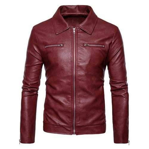 Turndown Collar Faux Leather Zip Up Jacket - Red L