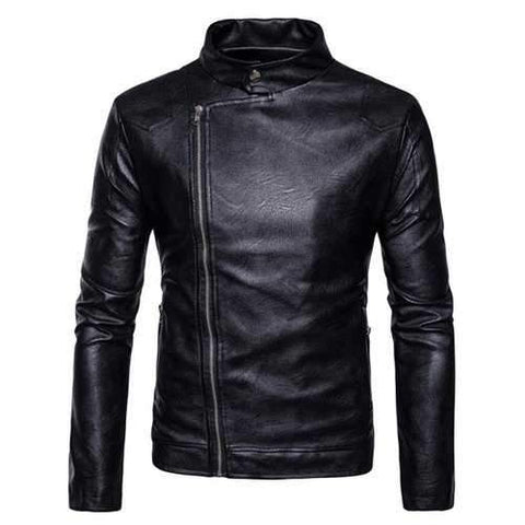 Stand Collar Panel Design Faux Leather Zip Up Jacket - Black L