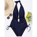 Halter Low Cut Drawstring Swimsuit - Purplish Blue S