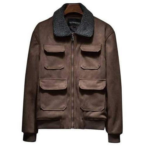Faux Fur Collar Padded Zip Up Suede Jacket - Brown L