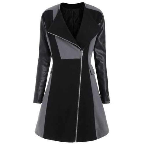 Color Block Plus Size Faux Leather Sleeve Coat - Black And Grey Xl