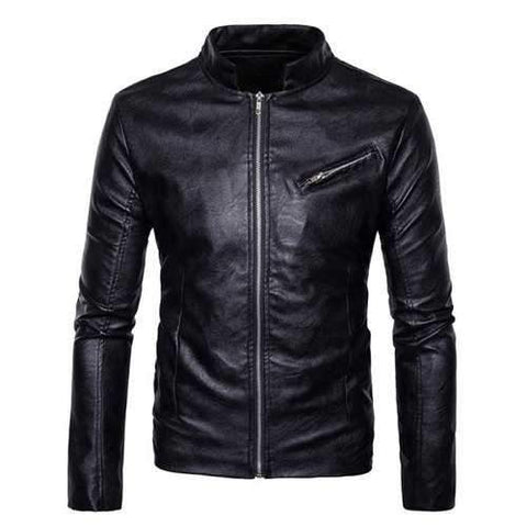 Stand Collar Zipper Design Faux Leather Jacket - Black Xl