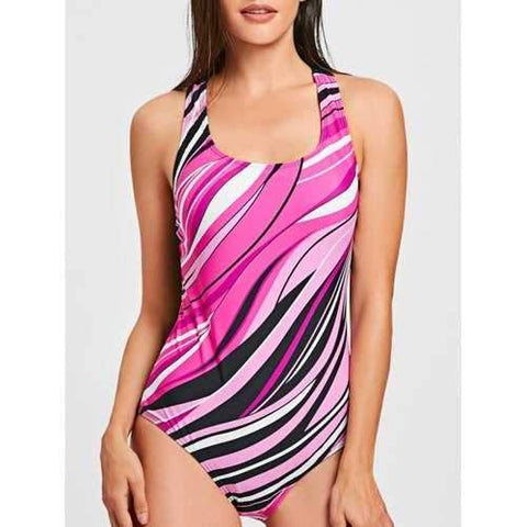 Racerback Striped One Piece Swimsuit - Rose Red S