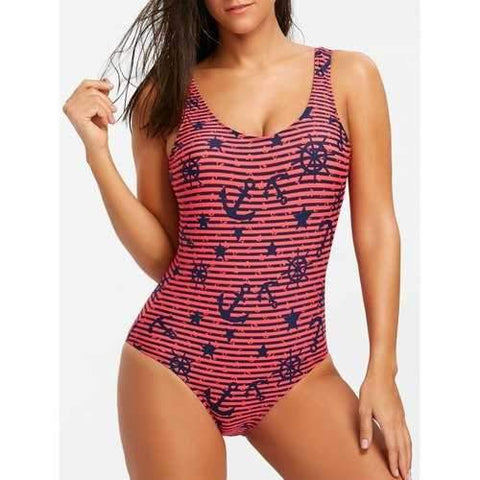 Anchor Padded One Piece Swimwear - Red L