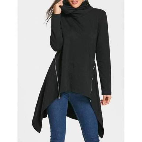 Asymmetrical Turtleneck Zippers Tunic Sweatshirt - Black L