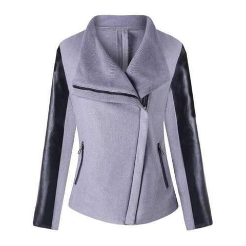 Zipped PU Leather Panel Turndown Collar Jacket - Gray M