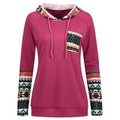 Drawstring Ethnic Print Panel Tunic Hoodie - Purplish Red S