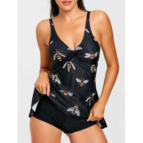 Bees Print One Piece Skirted Swimsuit - Black M