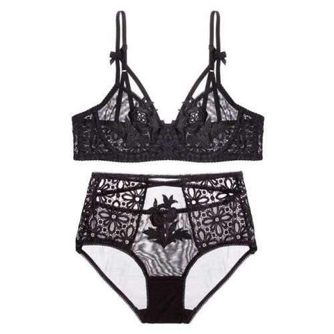 Women's Lace Sheer See Through Underwear Bra Set - Black 80b