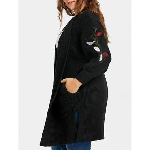 Drop Shoulder Flower Embroidered Plus Size Knitted Coat - Black 3xl