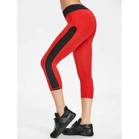 Two Tone Cropped Sports Leggings - Red With Black L