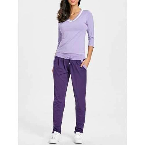 V Neck T-shirt and Drawstring Sports Pants - Purple 2xl