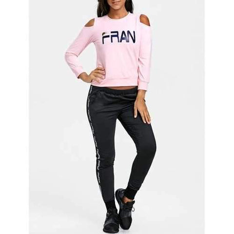 Cold Shoulder Graphic Three Piece Sweat Suits - Pink M