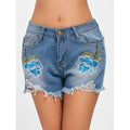 Embroidery Frayed Hem Distressed Denim Shorts - Light Blue S