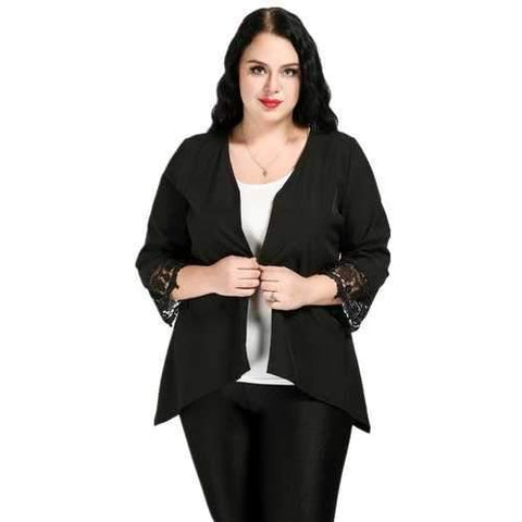 Cute Ann Women's Sexy Quarters Sleeve Lace Patchwork Open Front Plus Size Casual Cardigan - Black 4xl