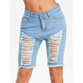 High Waisted Ripped Knee Length Denim Shorts - Light Blue 2xl