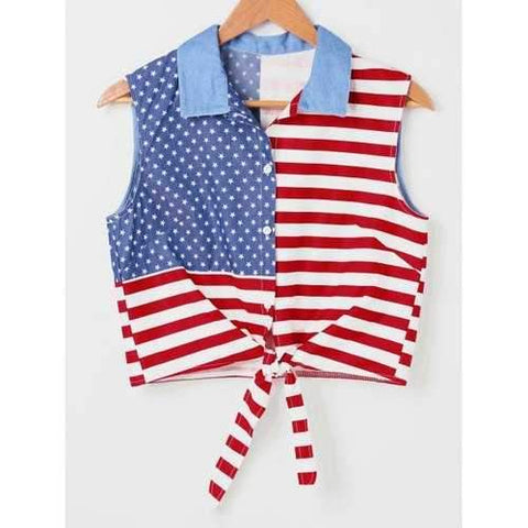 American Flag Print Sleeveless Shirt - M