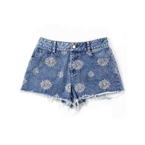 Embroidery Cut Off Denim Shorts - Blue M